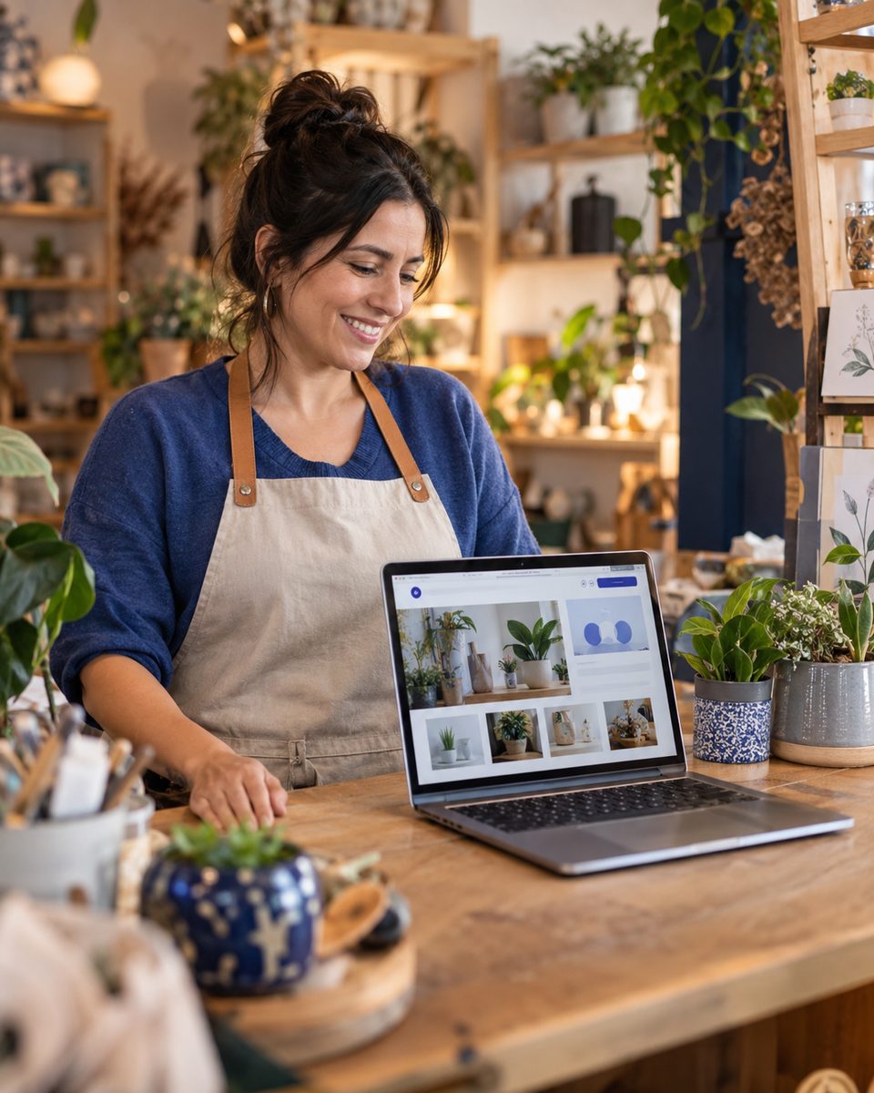 Emprendedora mirando en su computador la página web nueva de su tienda