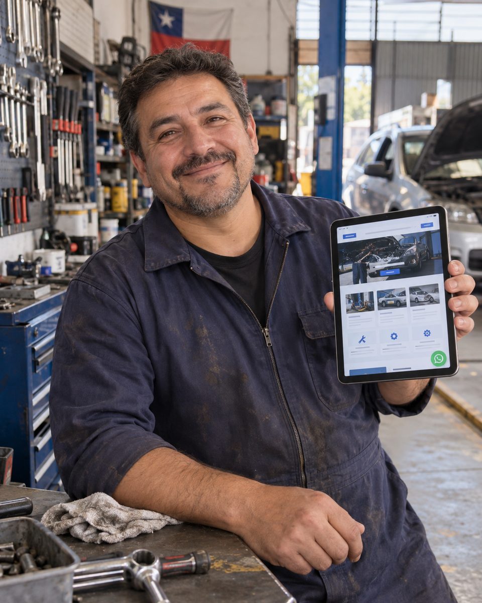 Dueño de un taller mostrando en una tablet su página web renovada