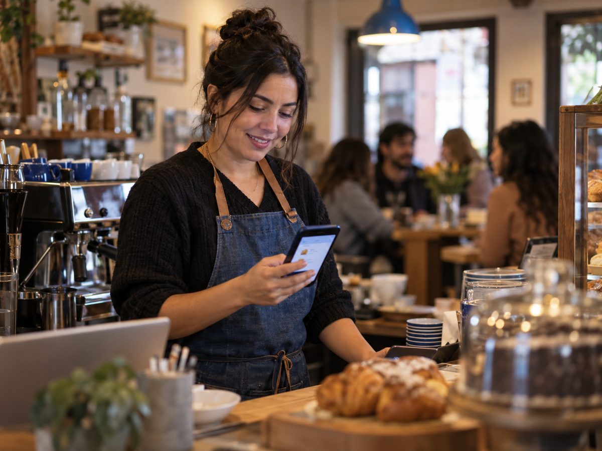 Dueña de una cafetería revisando en su celular un pedido recibido desde su página web